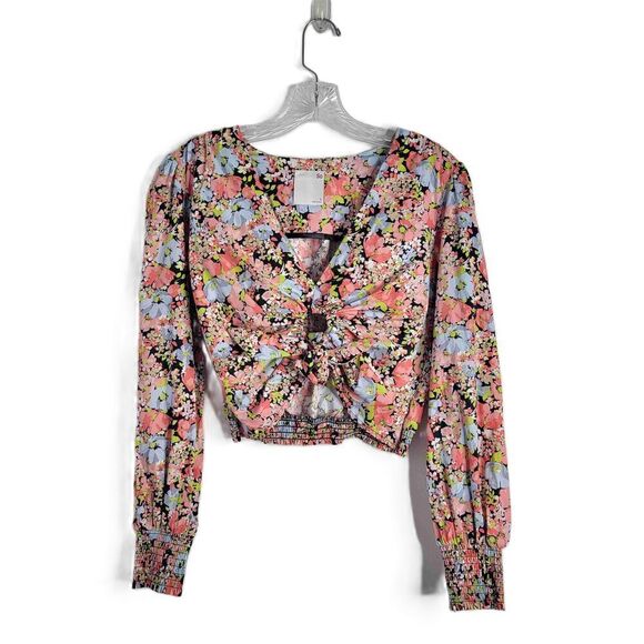 SO Black Floral Tie Front Long Sleeve VNeck Blouse Size Small - Picture 1 of 7